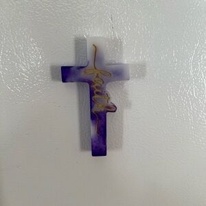 Handmade Faith Cross Wall Magnet Purple and White Cross with Gold Accent